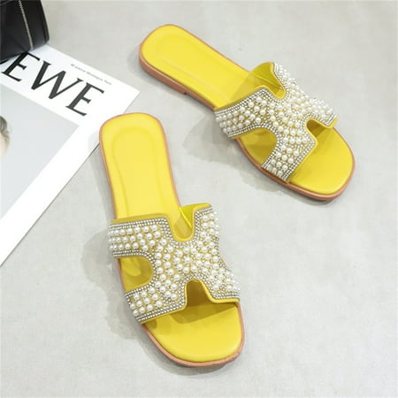

Hawee Women Girls Summer Flat Slide Sandals Hollow Pearl Version