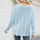 thumbnail image 4 of Suéter de mujer Color puro encaje cuello redondo dobladillo suelto patrón calado textura ondulada suéter transpirable azul claro S, 4 of 6