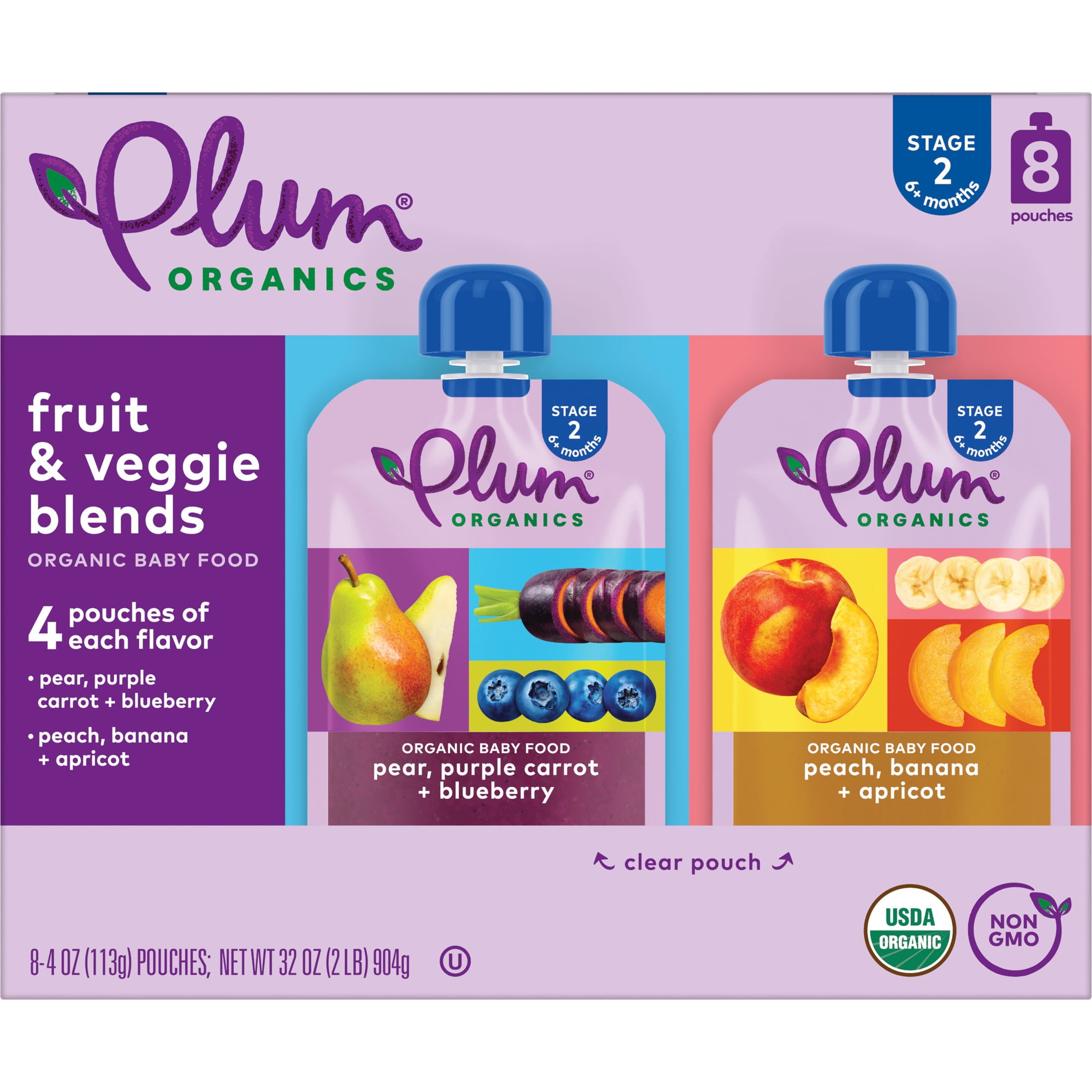 Plum Organics Stage 2 Fruit & Veggie Blends Organic Baby Food Variety 4oz Pouch-8-Pack