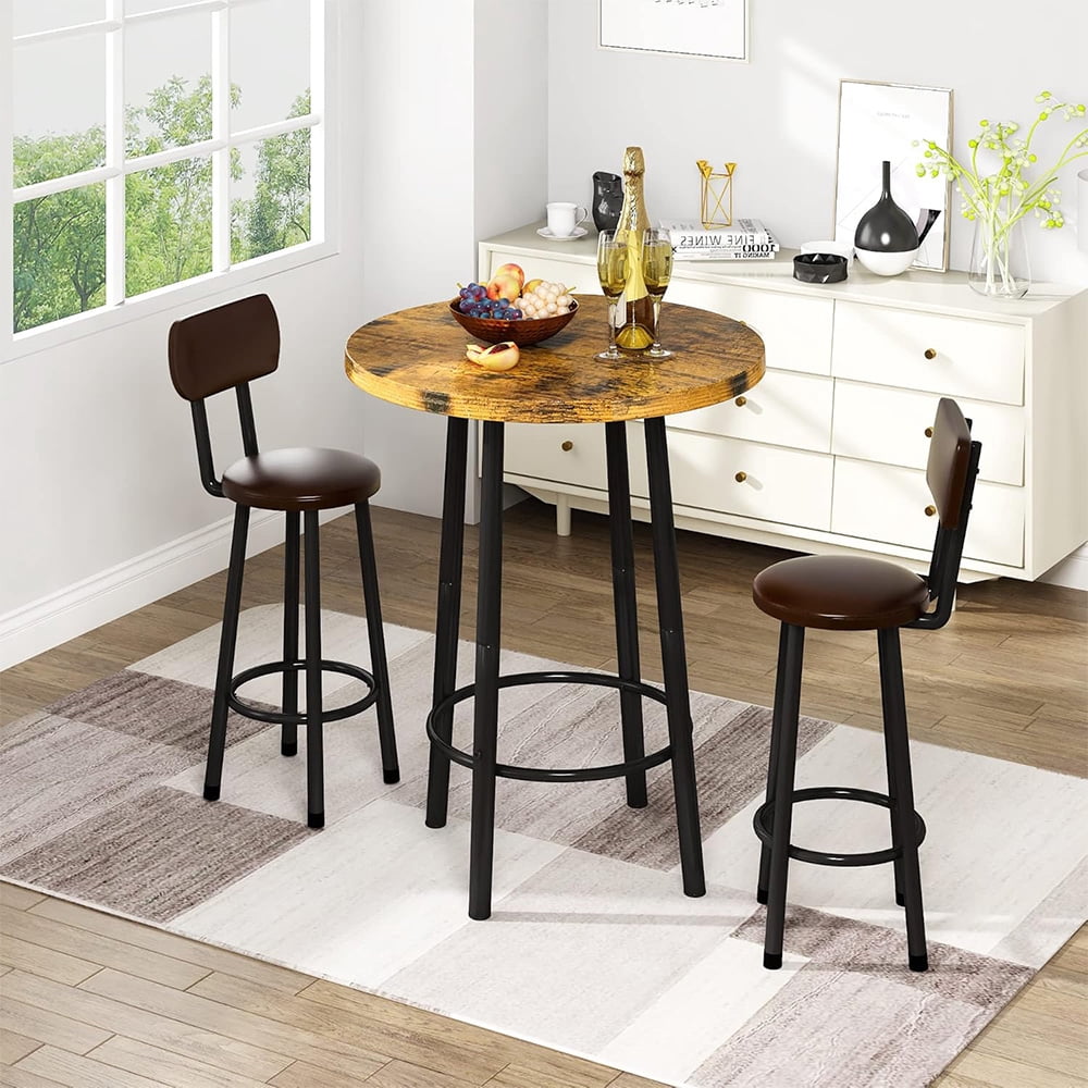 LinkRomat Dining Table Set for 2, Farmhouse Round Kitchen Table with 2 PU Leather Upholstered Stools, Dinette Set for Small Space for Dining Room