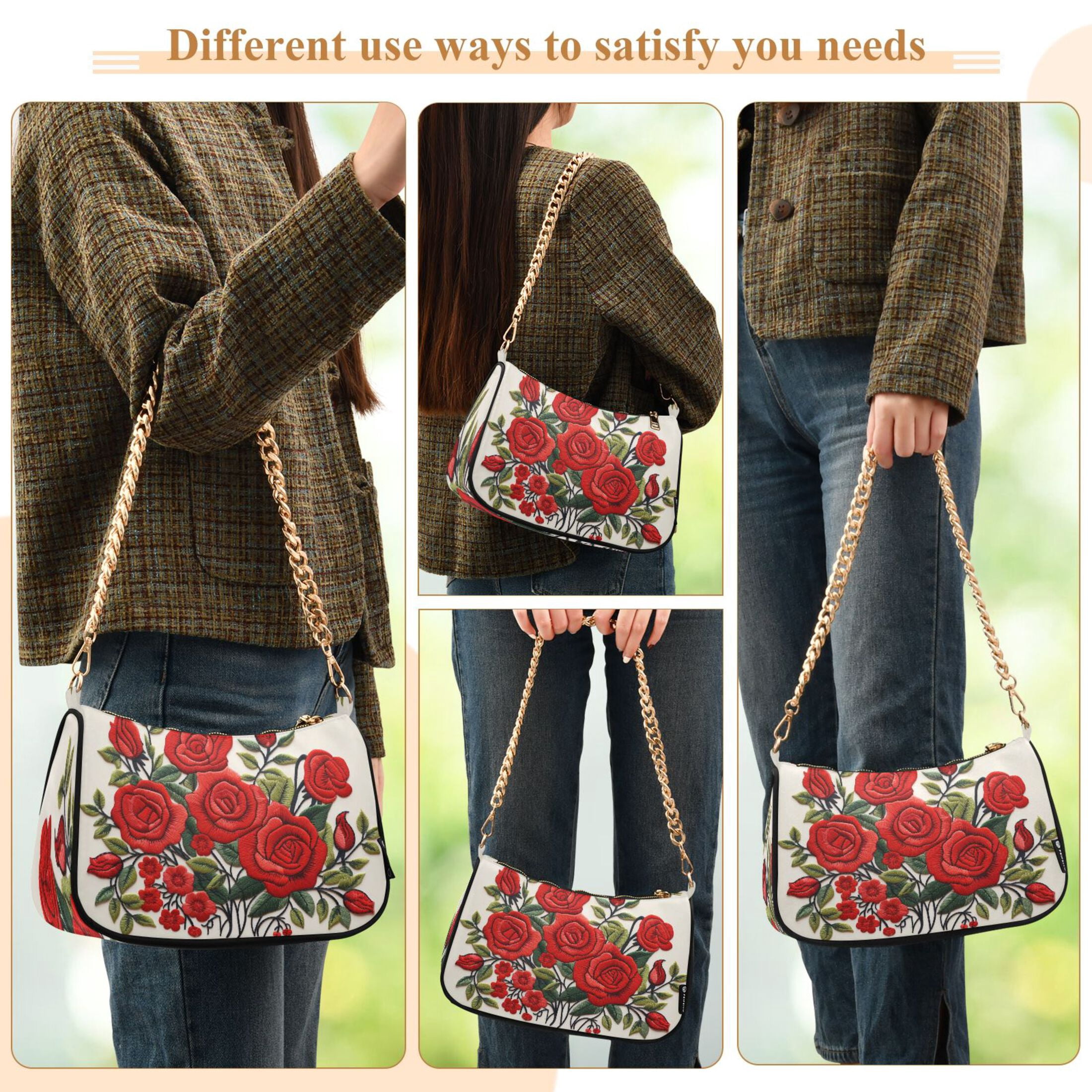 Ryvnso Red Roses Flowers Womens Chain Shoulder Bag Tote Handbags Clutch Hobo Purse with Zipper for Travel