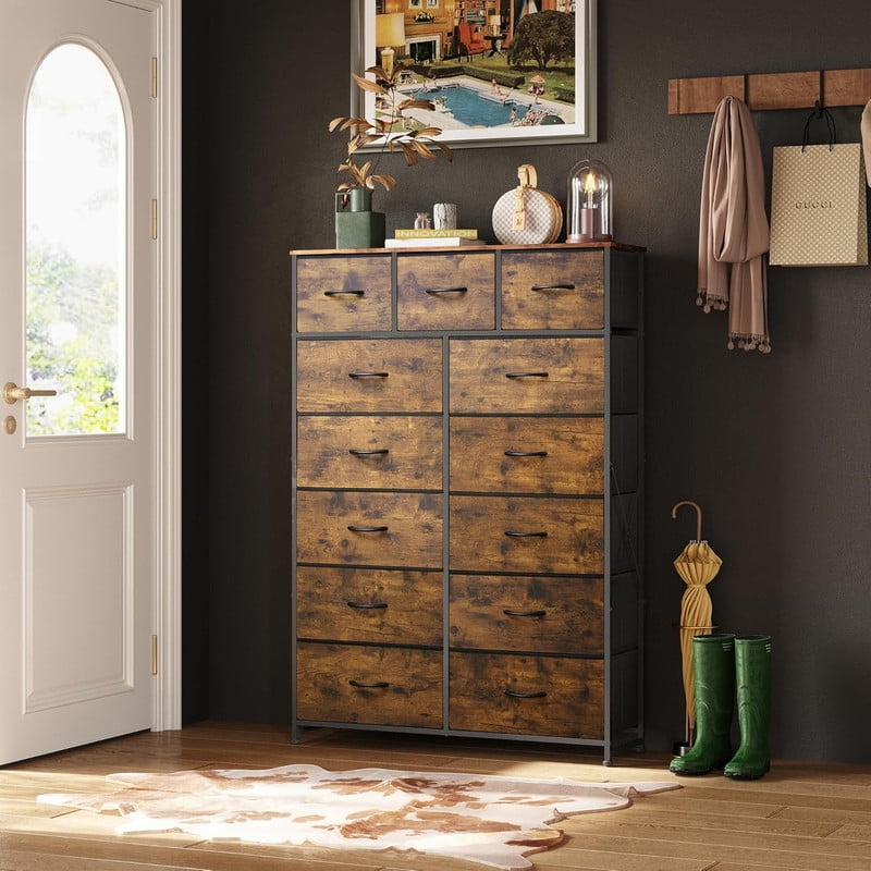 Bigleap 13-Drawer Fabric Dresser with Wood Top & Steel Frame – Sturdy Storage Cabinet for Bedroom, Living Room, Home Office,Brown