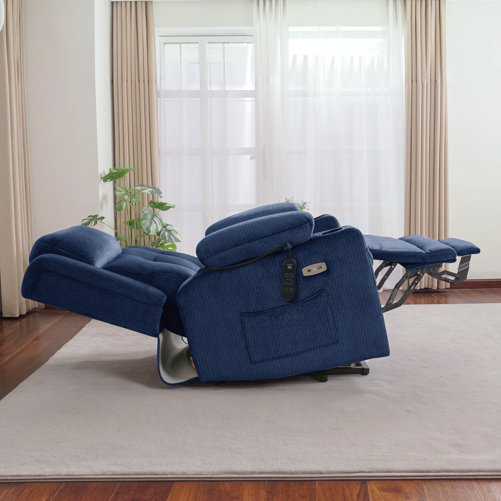 MCombo Lay Flat Triple Motor Power Lift Recliner for Elderly, Adjustable Headrest, Fabric(Navy Blue)