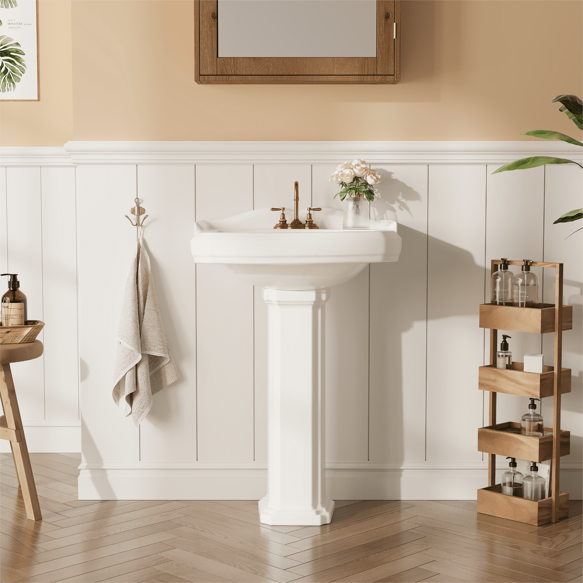 23"L x 19"W Rectangular Pedestal Sink, White Ceramic Pedestal Bathroom Sink with 3 Faucet Holes At 4" Faucet Centers, with Overflow (White Color)