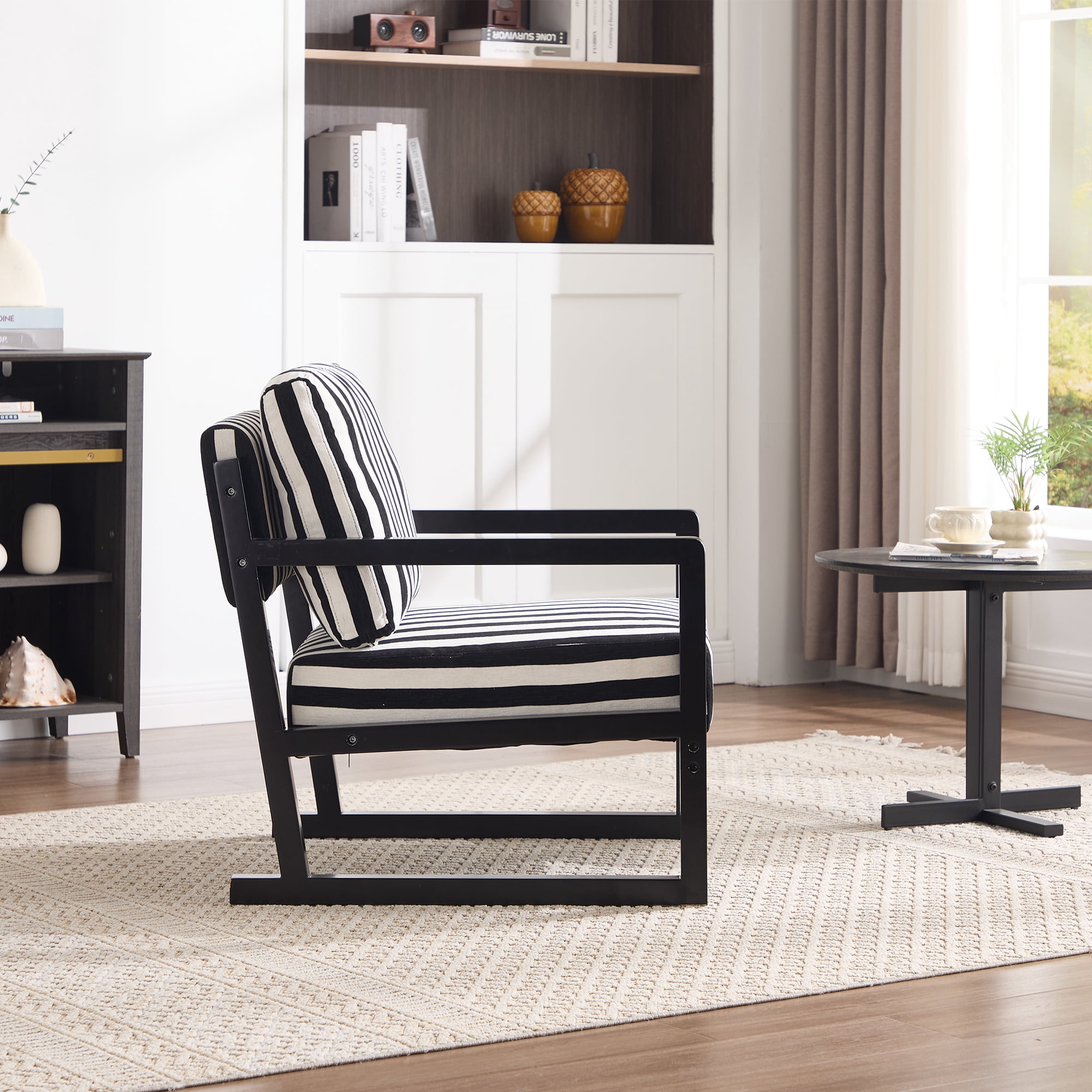 Leumius Modern Fabric Lounge Chair, Single Sofa Chair with Armrests, Upholstered Lounge Chair with Wooden Frame, Suitable for Living Room Bedroom Study,Black and White Stripes