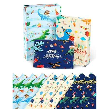 WERNNSAI Dinosaur Wrapping PresNok Paper - 10 Sheets Gift for Boys Girls 3 Styles Patterns Wrap Rolls Happy Birthday Dino Party Favor Present (20’’ x 27’’/ Sheet) sheet-Birthday-Blue