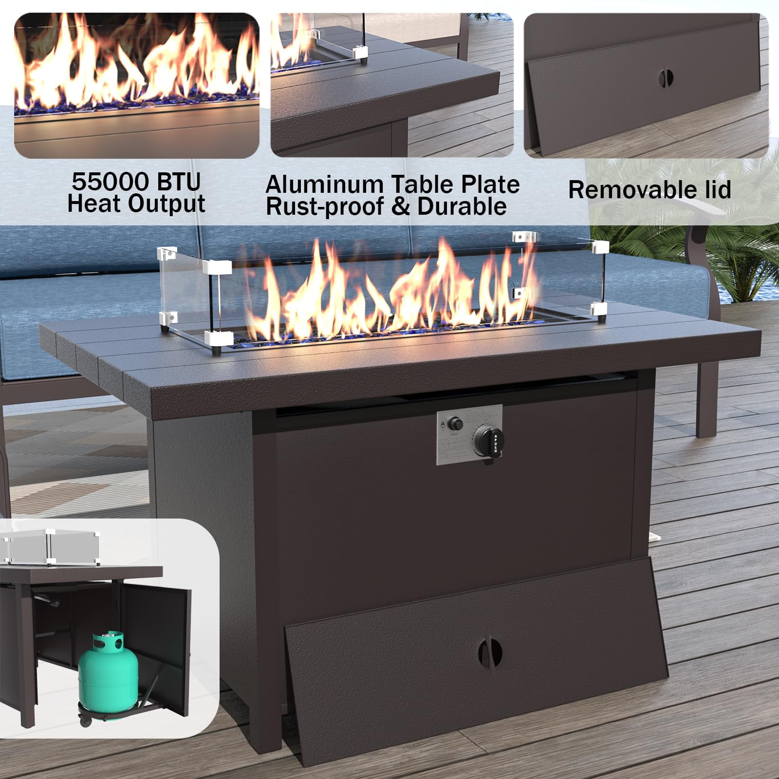 ALAULM Aluminum 5-seat Patio Sectional Sofas with Propane Fire Pit Table, Metal Outdoor Furniture for Porch, Backyard, Poolside-Black