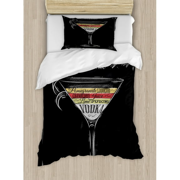 Alcohol Duvet Cover Set Twin Size, Vintage Style Cosmopolitan Cocktail and Recipe Stylized Chalk-Like Drawing Print, Decorative 2 Piece Bedding Set with 1 Pillow Sham, Multicolor, by Ambesonne