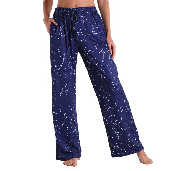 Xuniizn Pajamas Pants for Women, Elastic Waistband Drawstring Star Print Wide Leg Lounge Pants with Pocket, Lightweight Comfortable Casual Fall Pajamas