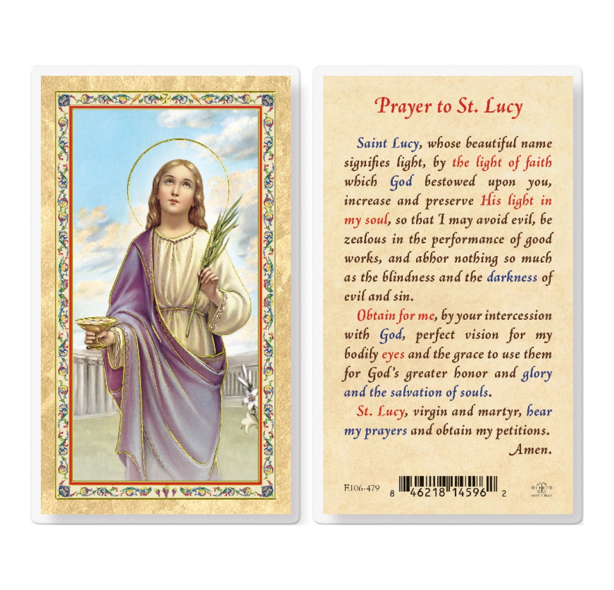 Prayer to St. Lucy Gold-Stamped Laminated Catholic Prayer Holy Card with Prayer on Back, Pack of ...