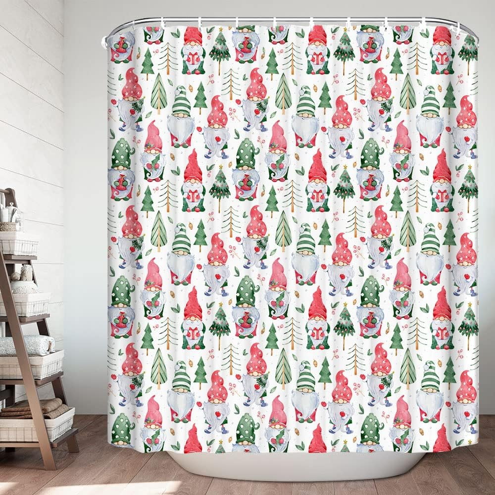 Cute Gnome Christmas Shower Curtain Gnomes Holding Xmas Gifts Bathroom Curtain Farmhouse Christmas Pine Tree, Winter Holiday New Year Bathroom Accessories with Hooks 72x72IN