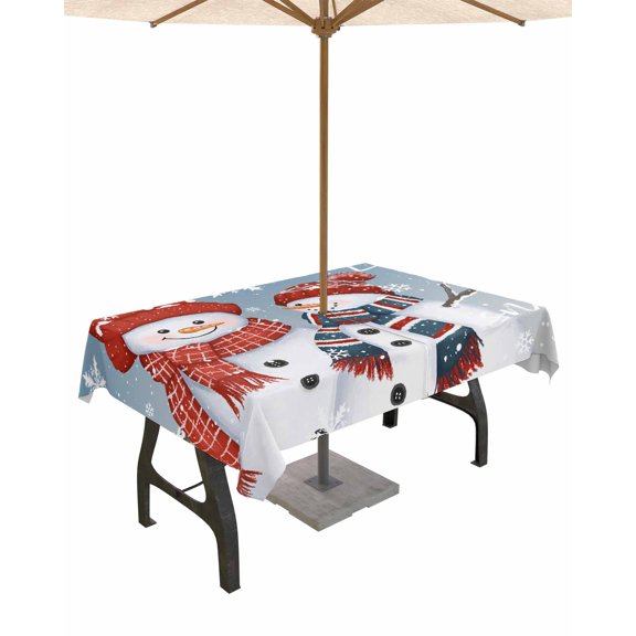 Boanket Outdoor Tablecloth with Umbrella Hole for Patio/Picnic/Party/Camping, Blue Snowman Christmas Waterproof Table Cloth Rectangle Table Cover Washable, Snowflake Xmas Blue (60"x 102")