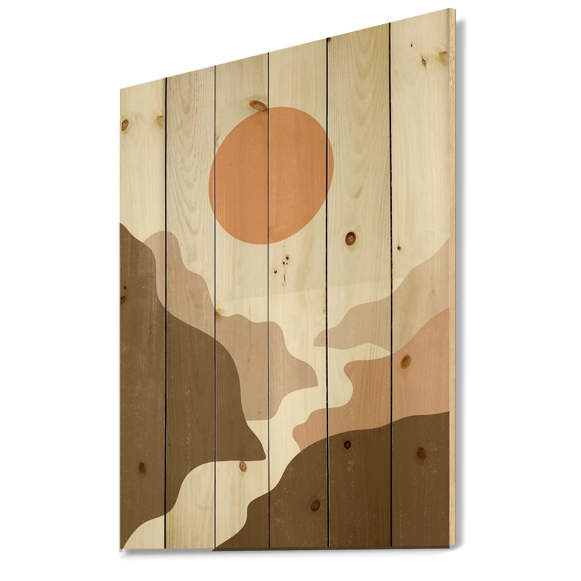 Designart 'Full Moon In Terracotta Tones Mountains' Modern Print on Natural Pine Wood