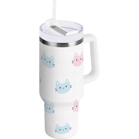 40 oz Tumbler with Handle Lid and Straw Insulated Water Tumbler Stainless Steel Water Cup Mug Bottle Reusable Cup Holder Friendly Cute Cats