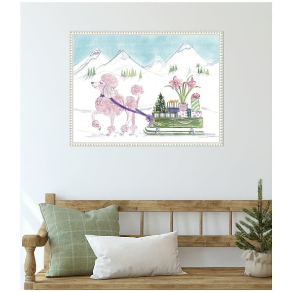 Kate and Laurel Framed Canvas Wall Art Print 'Pink Poodle and Present Sled' by Patricia Shaw, 24 x 18 Sylvie Beaded White Frame, Whimsical, Animal Art for Wall Decor