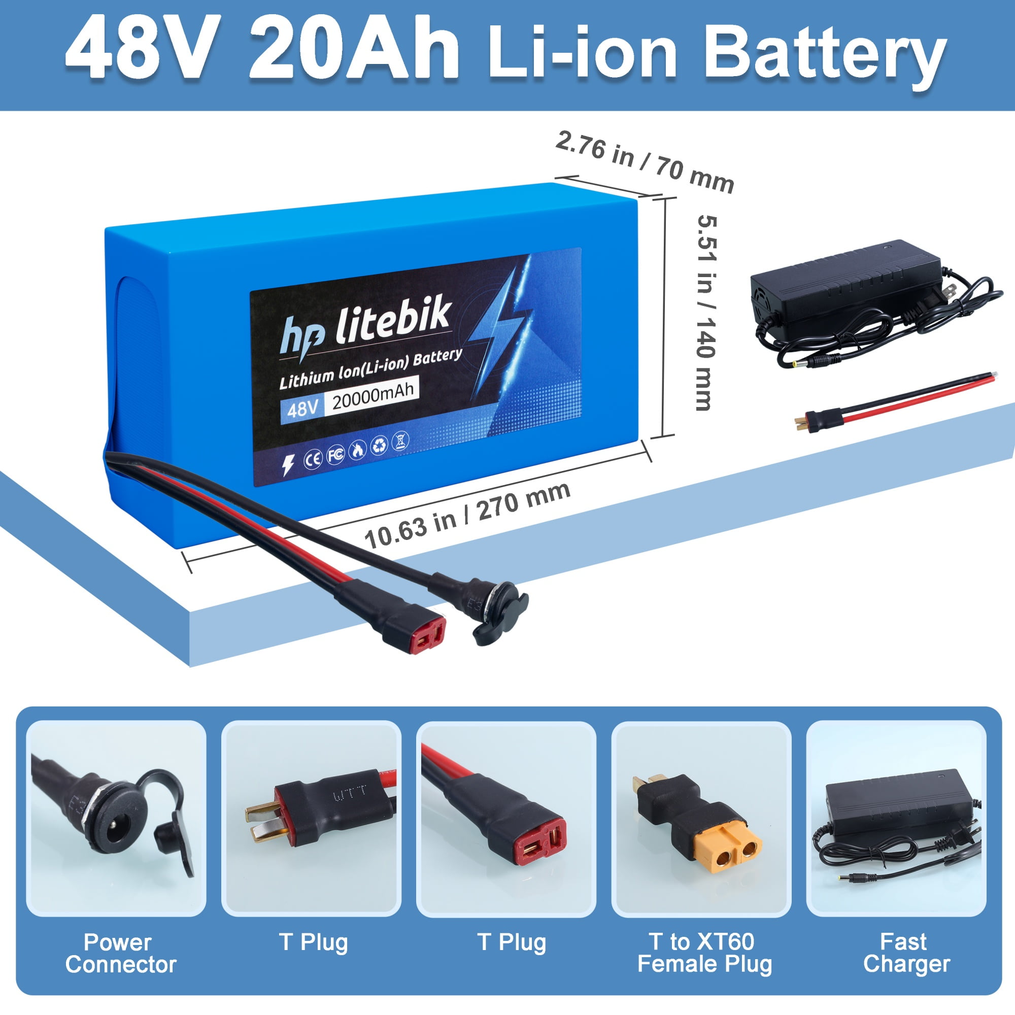 48V 20Ah Battery 48V Lithium-ion Ebike Battery 750W with BMS Compatible for Adult Electric Bikes Motors