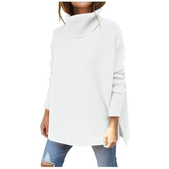 Mode Femme Décontractée Couleur Unie Chandail Tricoté Fendu Manches Longues Col Roulé