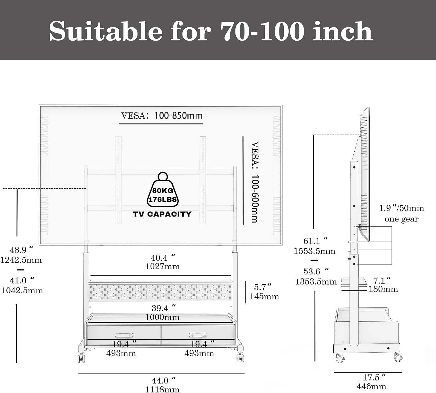 FITUEYES Rolling TV Stand for 70–100 Inch TVs, Black & Walnut, Drawers & Pegboard