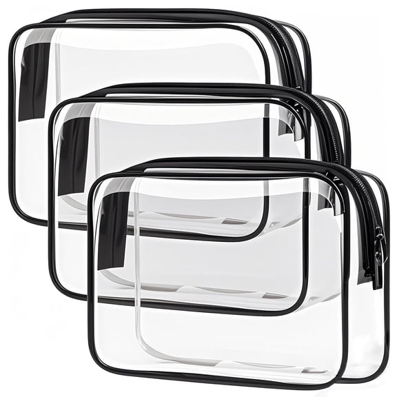 Clear Toiletry Bag, 3 Packs Water resistant Travel Organizer, Airport Airline Travel Essential Carry On Makeup Cosmetic Bags for Women, Black - 3 packs