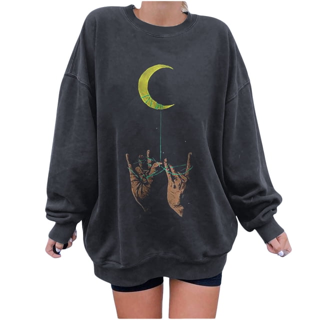 Sudadera con estampado de cambio de cuello redondo de manga larga suelta con estampado de sol y luna divertido vintage para mujer Pompotops gfhjh10532