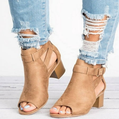 

Women Peep Open Toe Boot Cut Out Buckle Ankle Bootie Stacked Block Chunky Low Heel Sandal Causal Party Dress Shoe