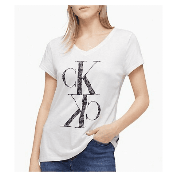 Calvin Klein Women's Studded Animal Mirror Monogram Logo V-Neck TShirt -Ivory-XS