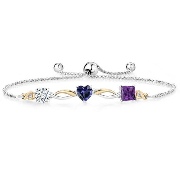 Gem Stone King 925 Silver and 10K Yellow Gold Blue Iolite Purple Amethyst and Lab Grown Diamond Tennis Bracelet for Women By Keren Hanan (1.73 cttw, Adjustable up To 9 inch)