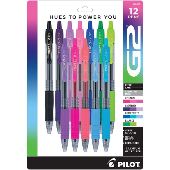 Pilot G2 Premium Gel Pens, Retractable, Fine Point 0.7mm, Assorted Colors, 12 Count