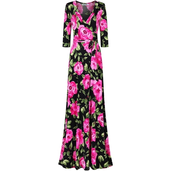 Bon Rosy, Women's, 3/4 Sleeve V-Neck Printed Maxi Faux Wrap Floral Dress, Black Fuchsia, M