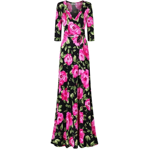 Bon Rosy, Women's, 3/4 Sleeve V-Neck Printed Maxi Faux Wrap Floral Dress, Black Fuchsia, M