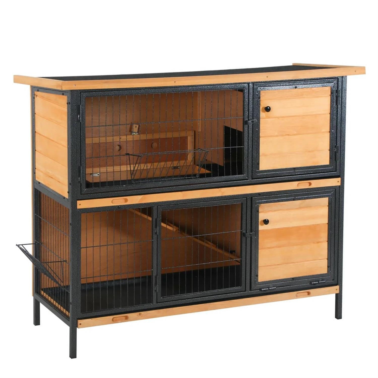 Kadyn 48" 2-Story Wooden Rabbit Hutch with Slide-out Tray, Outdoor Small Animal Habitat Enclosure Bunny Cage for Bunnies, Guinea Pigs, Beige