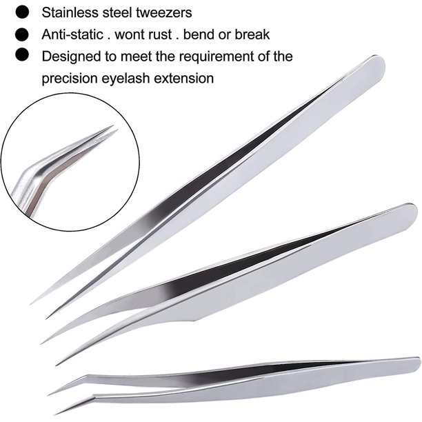 Juego profesional de pinzas para pesta?as, herramienta de aplicación de pesta?as, kit de pinzas antiestáticas de acero inoxidable para extensión de pesta?as (3 piezas, plateado) XianweiShao 8390612084744
