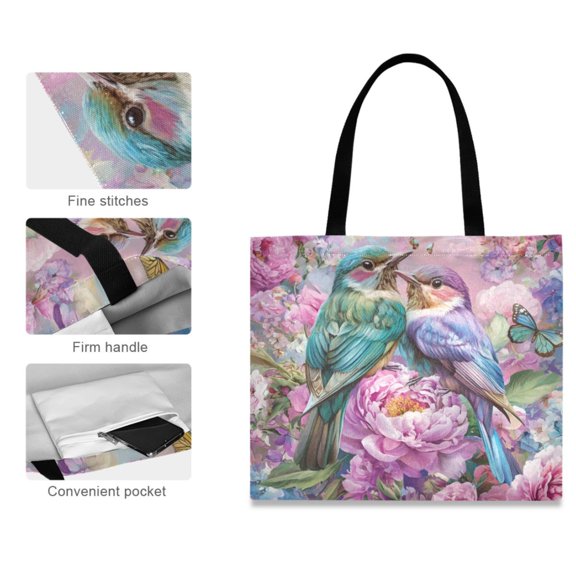 Canvas Tote Bag for Women Girls Design Print Birds and Flowers. Tote