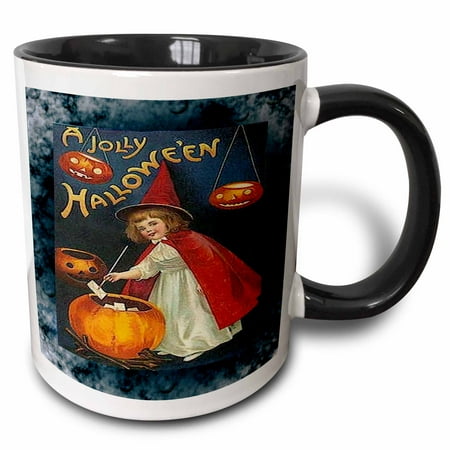 - 3dRose Vintage Halloween Girl and Jack o Lantern - Two Tone Black Mug, 11-ounce