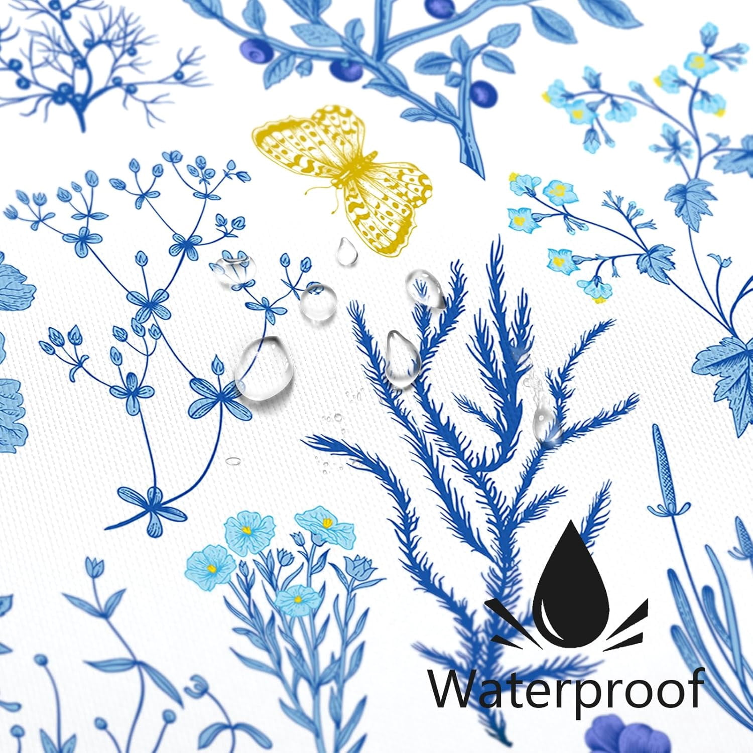 Extra Long Shower Curtain 72 x 84 Inch, Tall Blue Floral Fabric Shower Curtain, Cute Botanical Herbs Flower Butterfly Aesthetic Bathroom Shower Curtain Set with Hooks