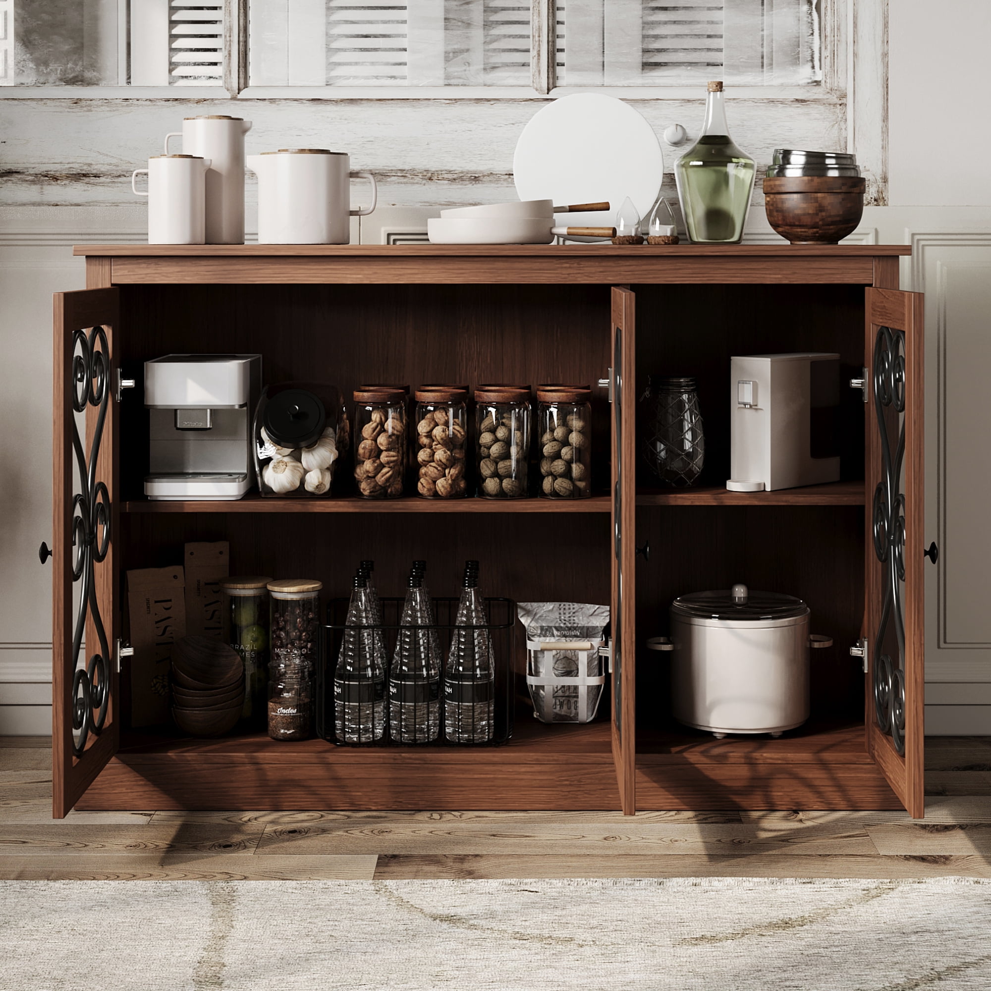 Leumius 47" Wood Sideboard Buffet Cabinet, Morden Fort Coffee Bar Storage Cabinet with 3 Metal-Decorated Doors, Freestanding Accent Sideboard for Kitchen, Living Room and Entryway