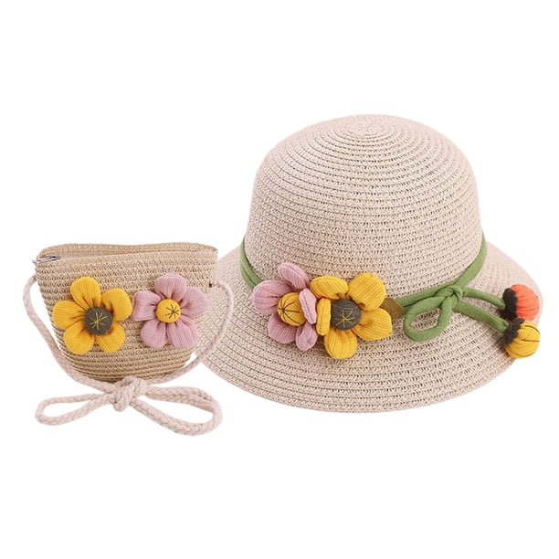 Sombrero de paja con flores para mujer, conjunto de bolsa de paja, aleros grandes, sombrilla para exteriores, protección solar, circunferencia de 56-58 cm