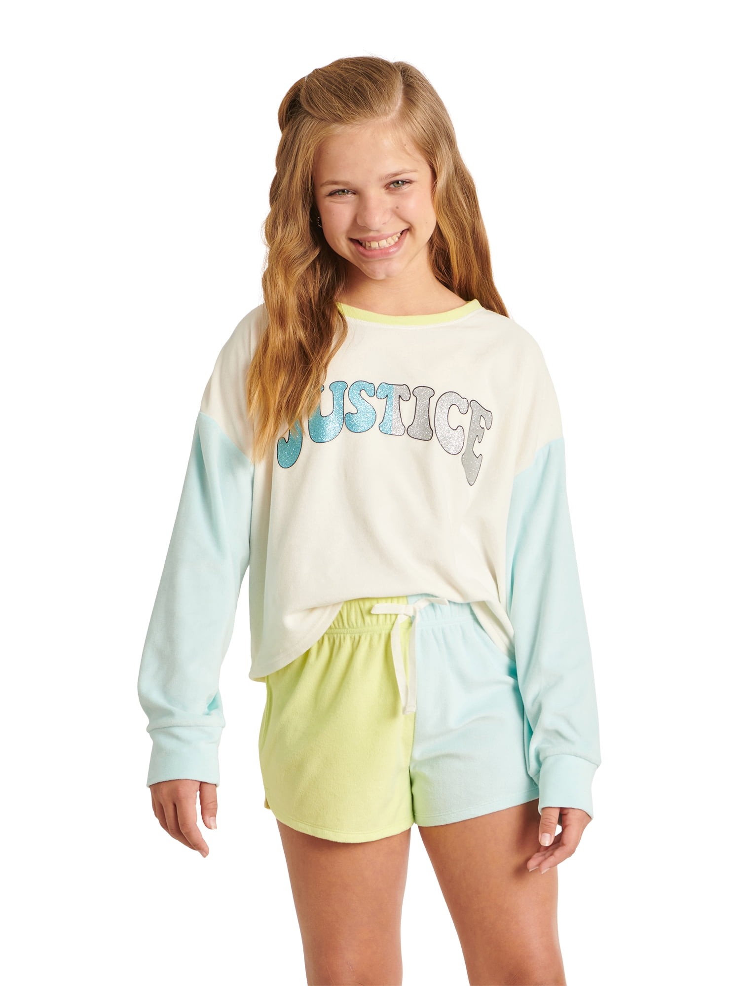 Justice Girls Long Sleeve Top and Split Leg Short, 2-piece Pajama Set, Sizes 5-18 and Plus