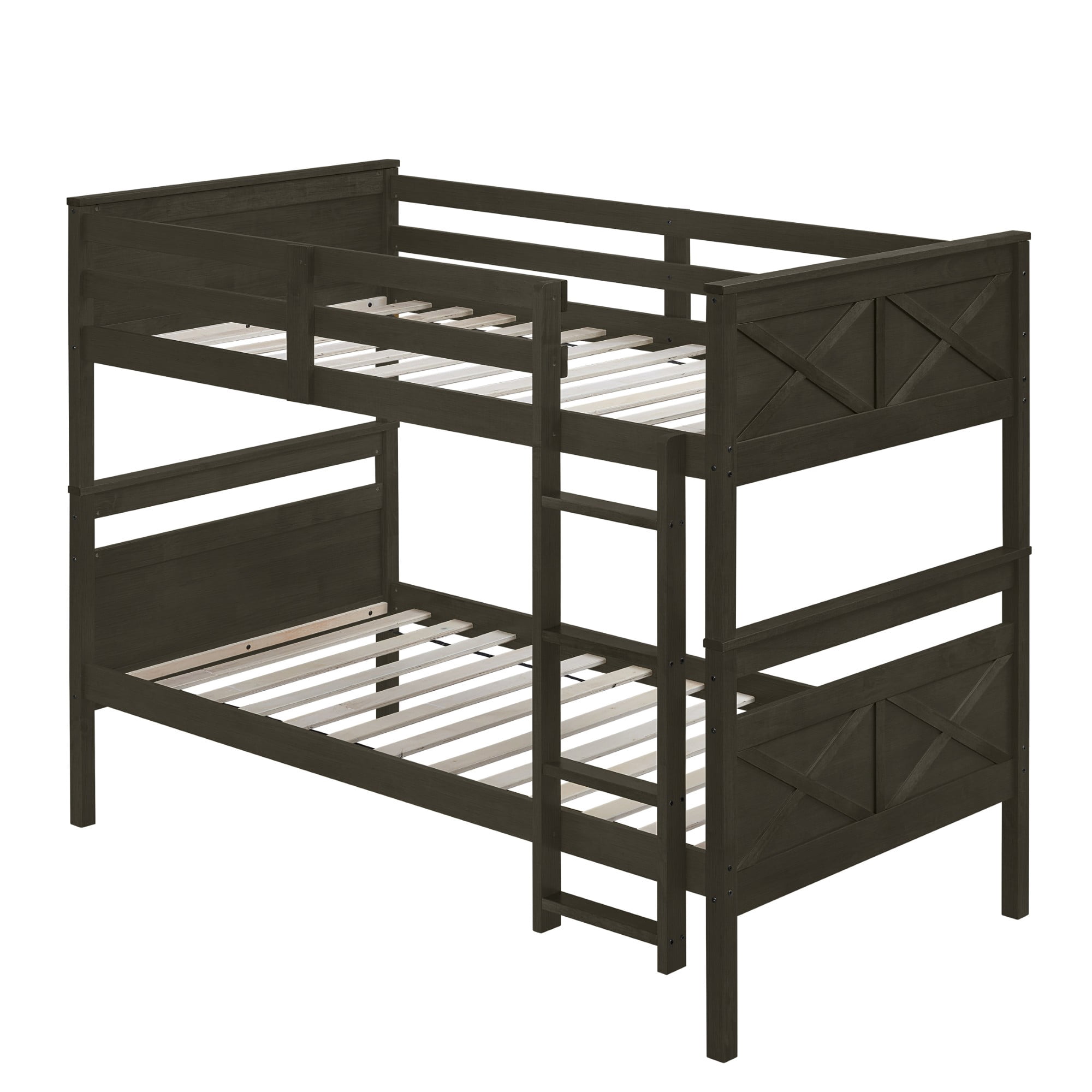 Home Design Exeter Twin Over Twin Solid Wood Bunk Bed Frame with Guardrails and Ladder, Dark Gray, Easy Assembly