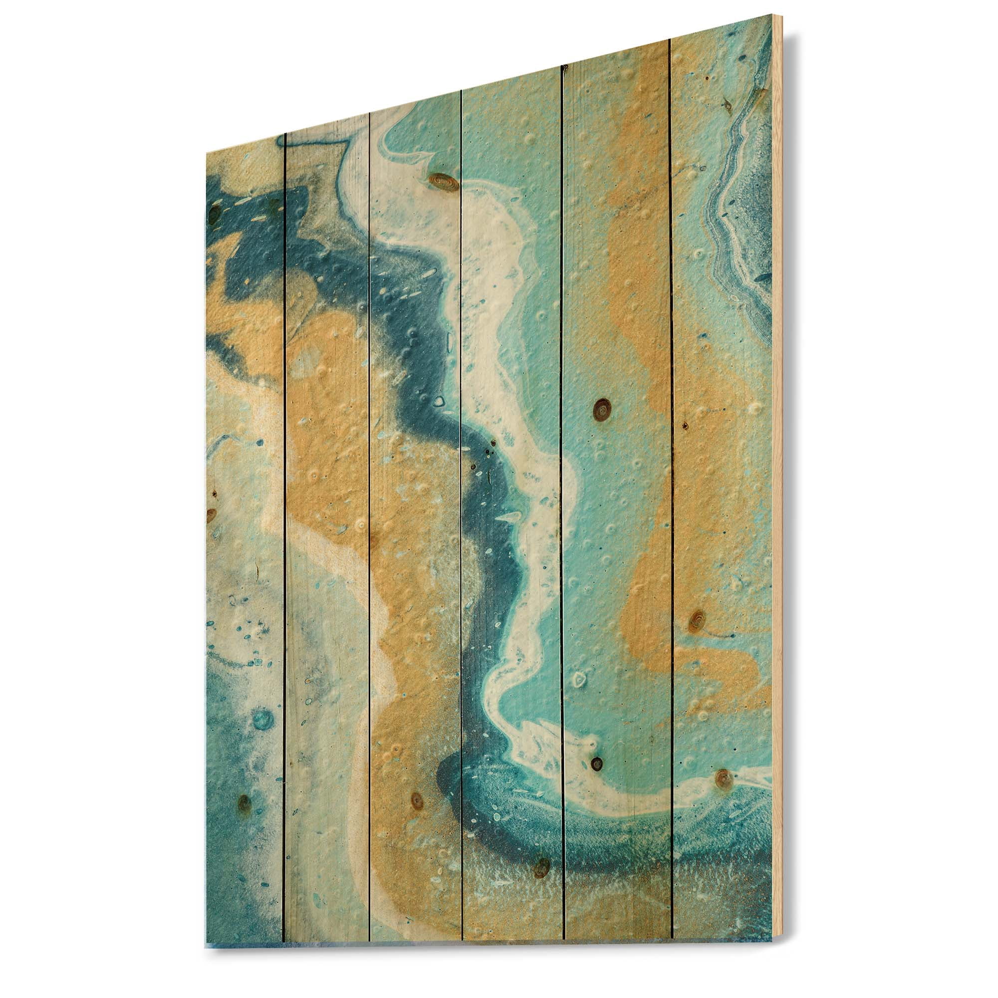 Designart 'Abstract Marble Composition In Blue and Yellow III' Modern Print on Natural Pine Wood