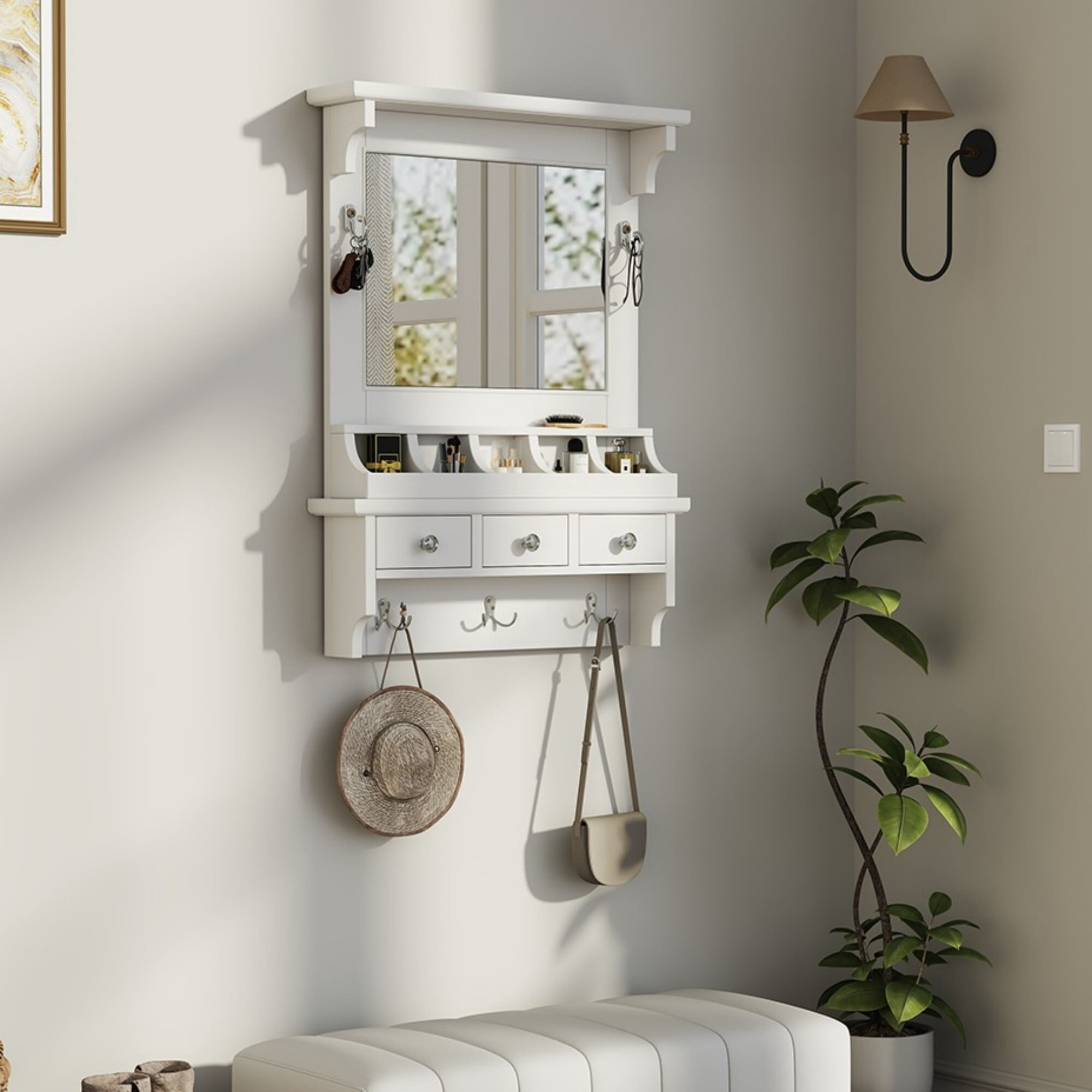 AENKYO Floating Makeup Vanity with Mirror & Drawers | Wall-Mounted Organizer for Bathroom & Bedroom, White