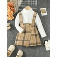thumbnail image 2 of Bslissey Little Girls 2Pcs Fall Outfits Toddler Long Sleeve Mock Neck Ribbed Tops + Button Suspender Plaid Print Skirt 2T 3T 4T 5T 6T 7T 8T Kids Casual Daily Clothes, 2 of 10