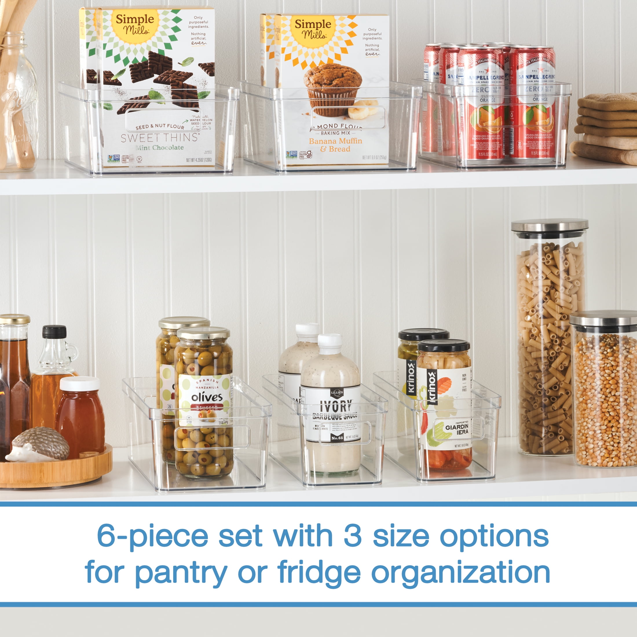 Mainstays 6-Piece Clear Plastic Refrigerator Organizer Bin Set for Kitchen, Pantry and Cabinet