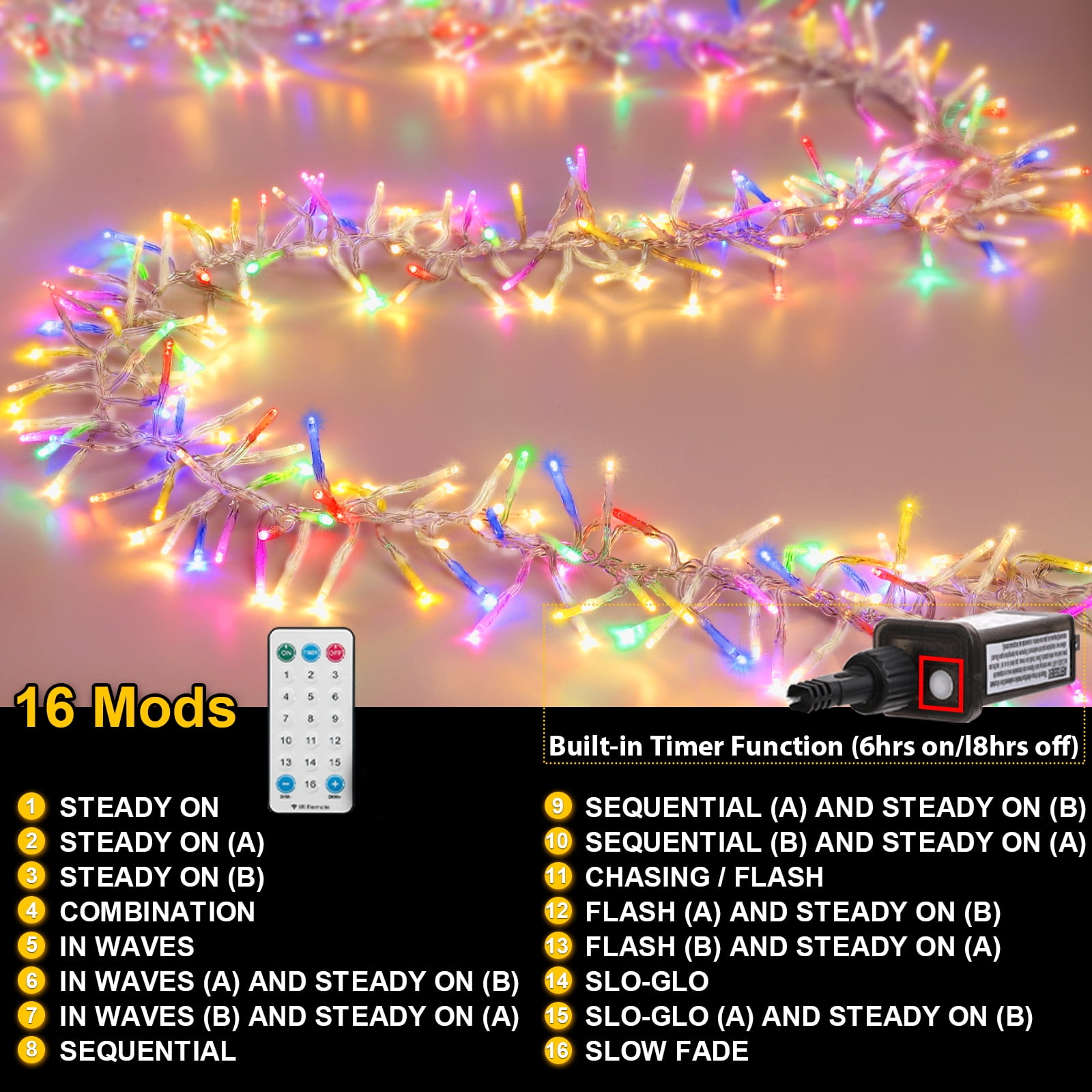 Christmas Mini Tree Lights Outdoor Cluster Light, 1000 LED Firecrackers String, 16 Modes Timer Remote Waterproof Plug in Twinkle Fairy Lights for Garland Window Party（Multicolor and Warm White）