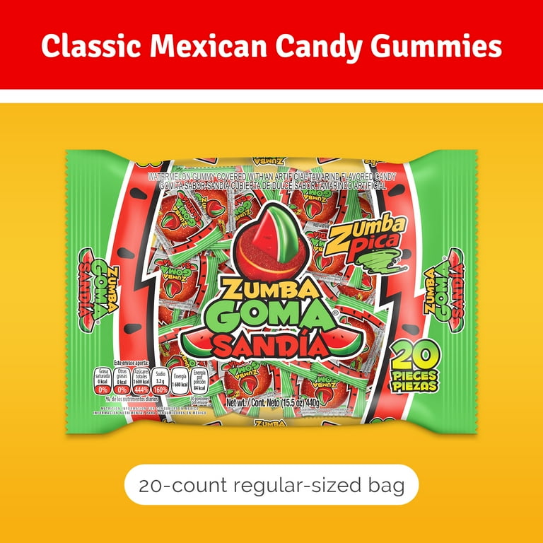 Zumba Pica Goma Sandia Gummy Candy, Mexican Tamarind and Watermelon Candy, 20 Ct