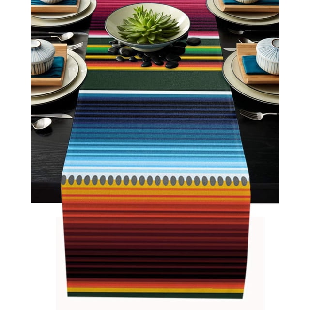 Cotton Linen Mexican Serape Dining Table Runne Non-Slip Heat Resistant Table Runners for Family Dinner Kitchen Table, Colorful Stripes 13x70 Inch