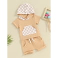 thumbnail image 3 of Biekopu Toddler Girls Boys Shorts Sets Short Sleeve Checkerboard Print Hooded Tops and Drawstring Shorts Sets, 3 of 8