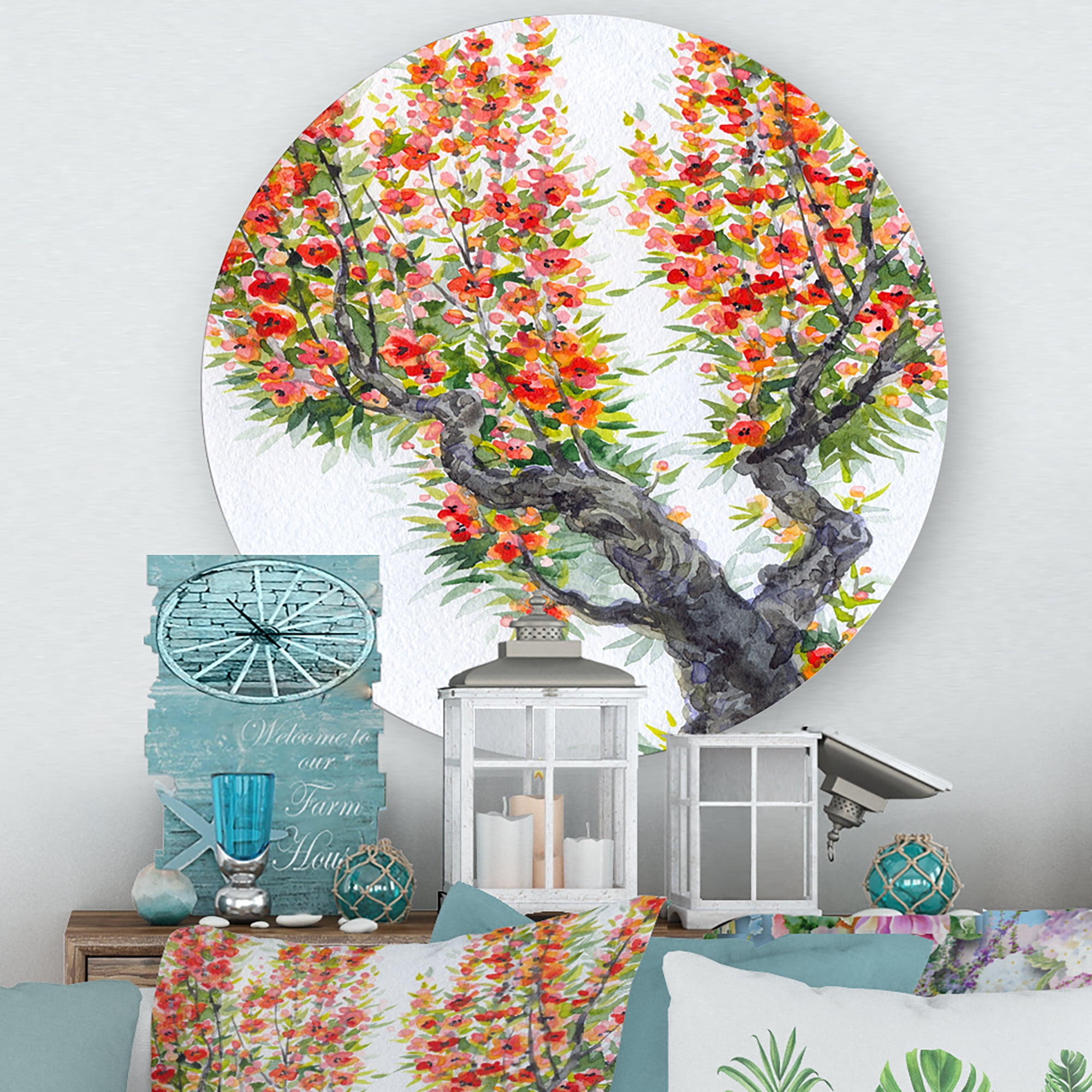 Designart 'Blooming Flowers Of An Old Tree In Spring II' Traditional Circle Metal Wall Art 11x11 - Disc of 11