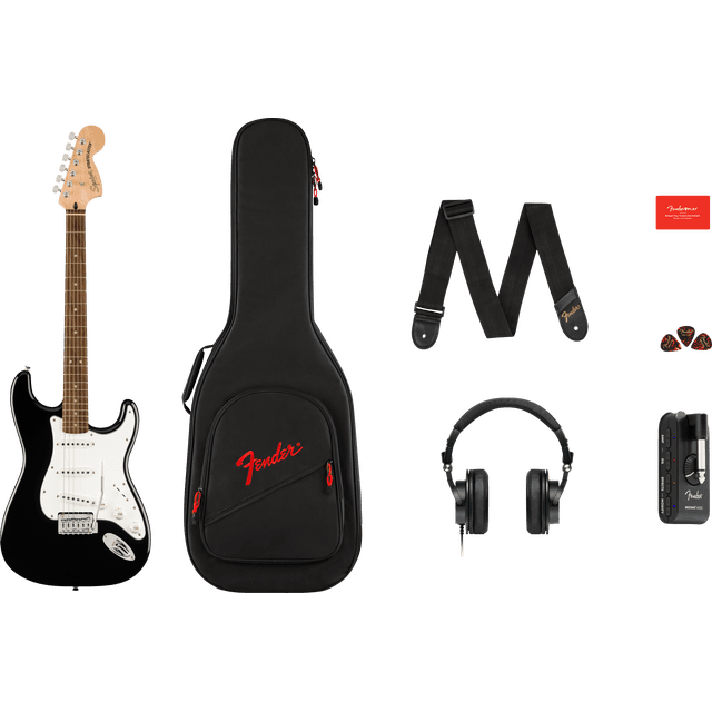 Paquete Guitarra Squier Stratocaster by Fender - Negro, Amplificador Mustang, Funda y Accesorios