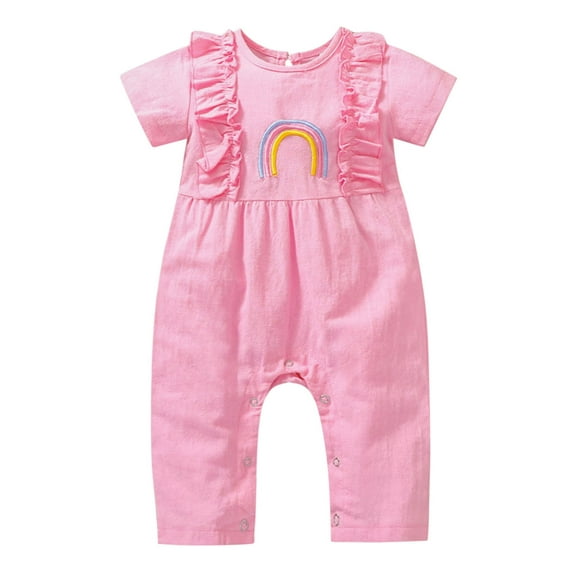 Penkiiy Newborn Infant Baby Girls Short Sleeve Ruffled Rainbow Romper Jumpsuit Outfits Baby Sleep and Play Pajamas 0-3 Months Pink 2023 Summer Deal